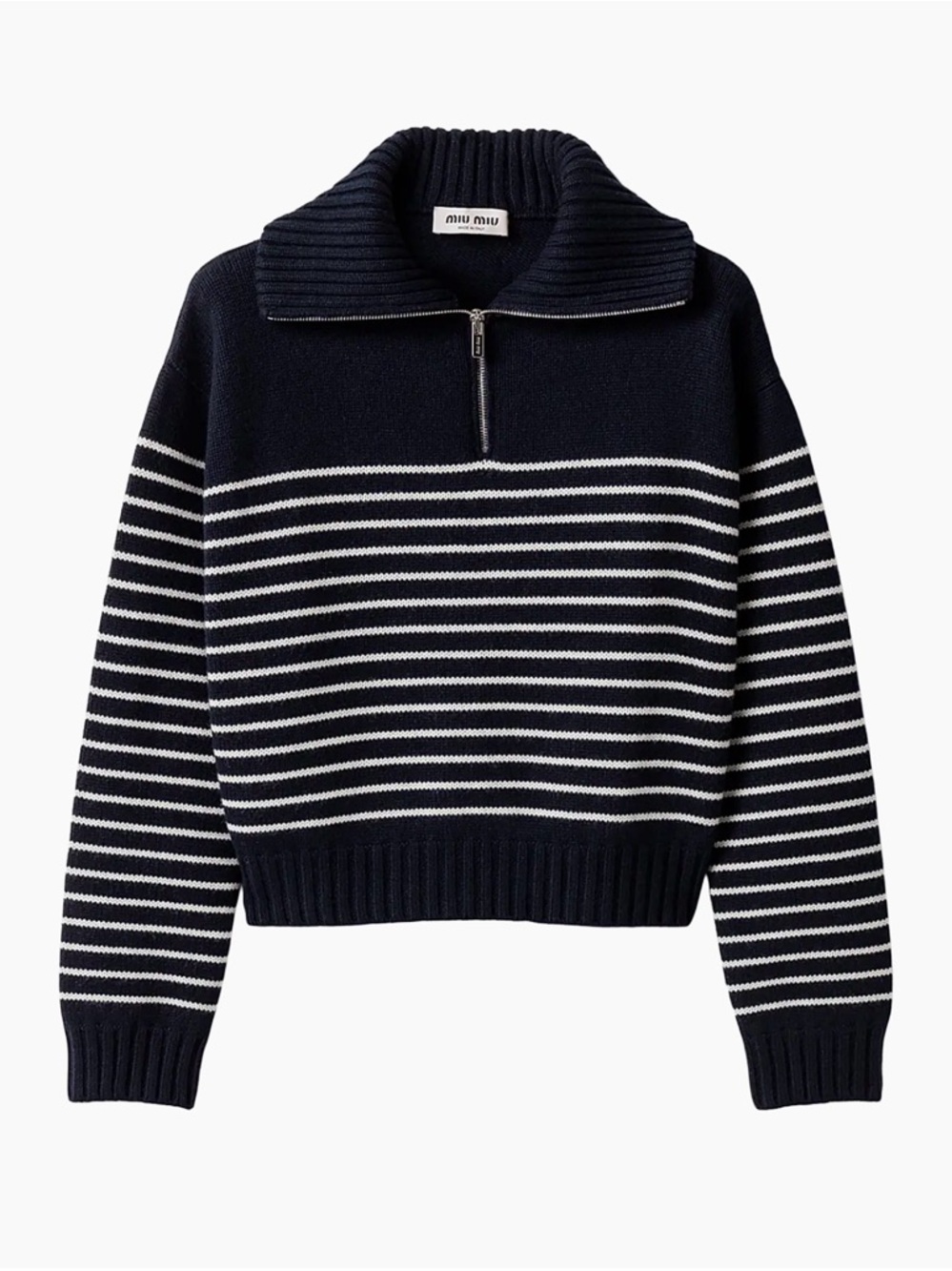 Miu Miu Navy and White Striped Half-Zip Funnel Sweater